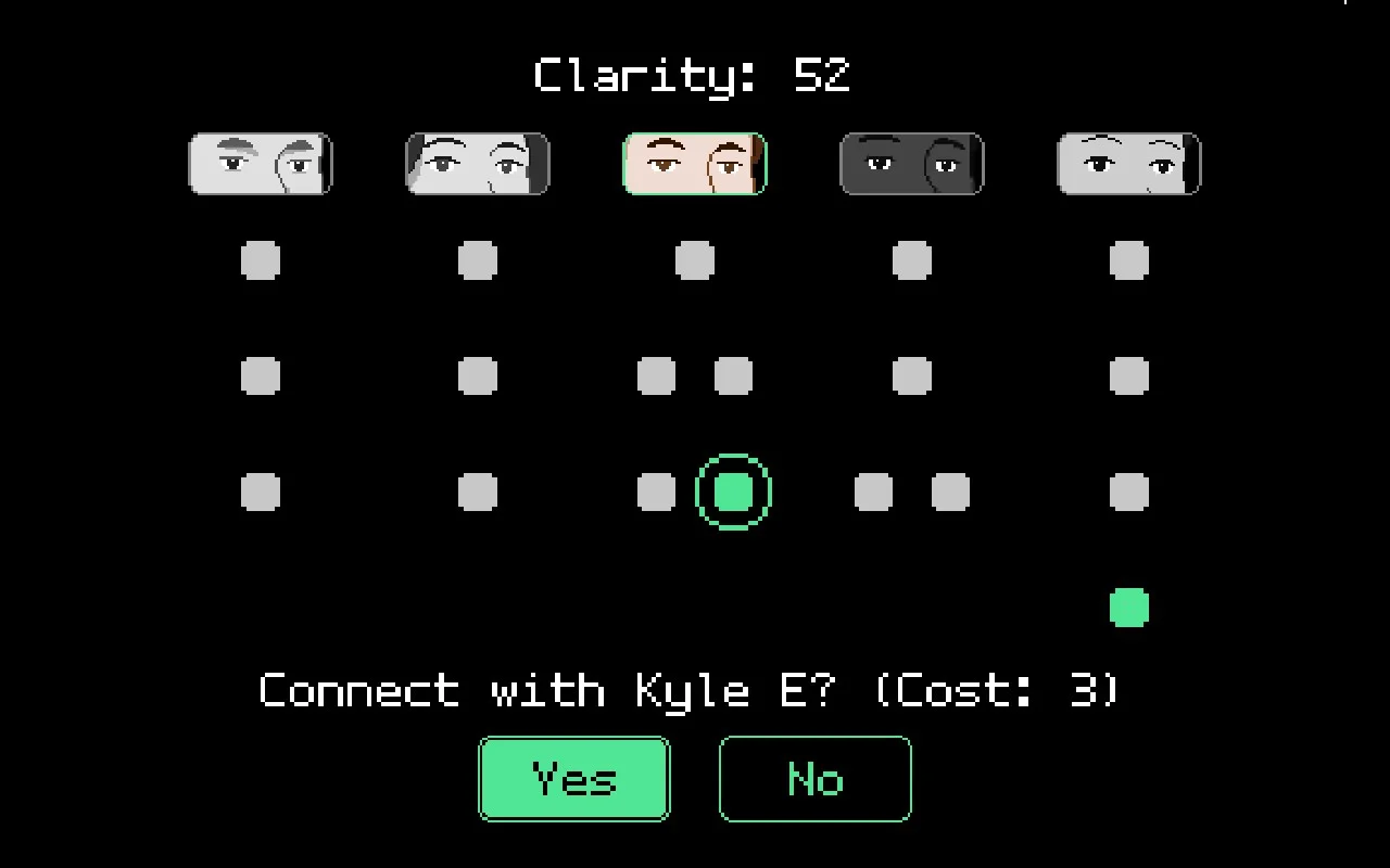 A display of five characters and their paths