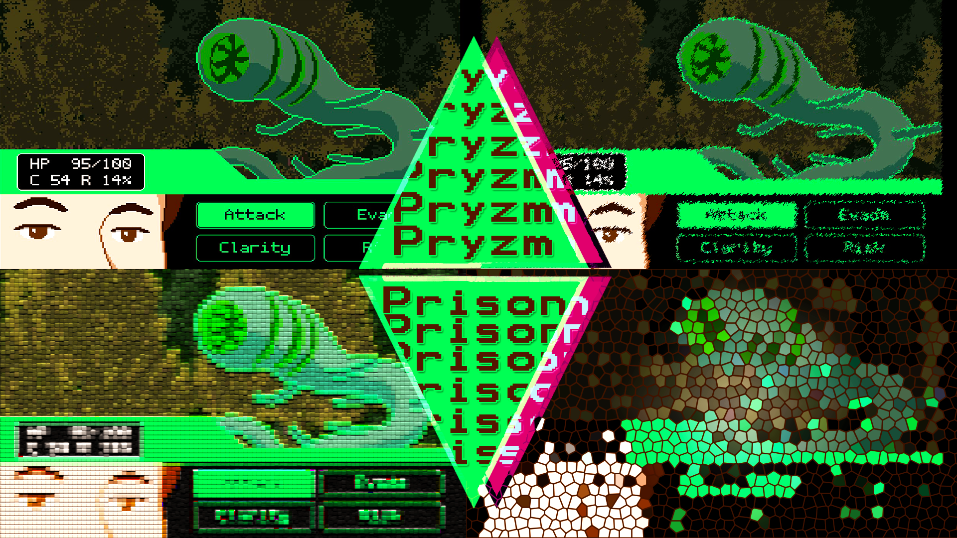 A collage from the game Pryzm. Two triangles build an emblem in the middle with texts Pryzm or prison
