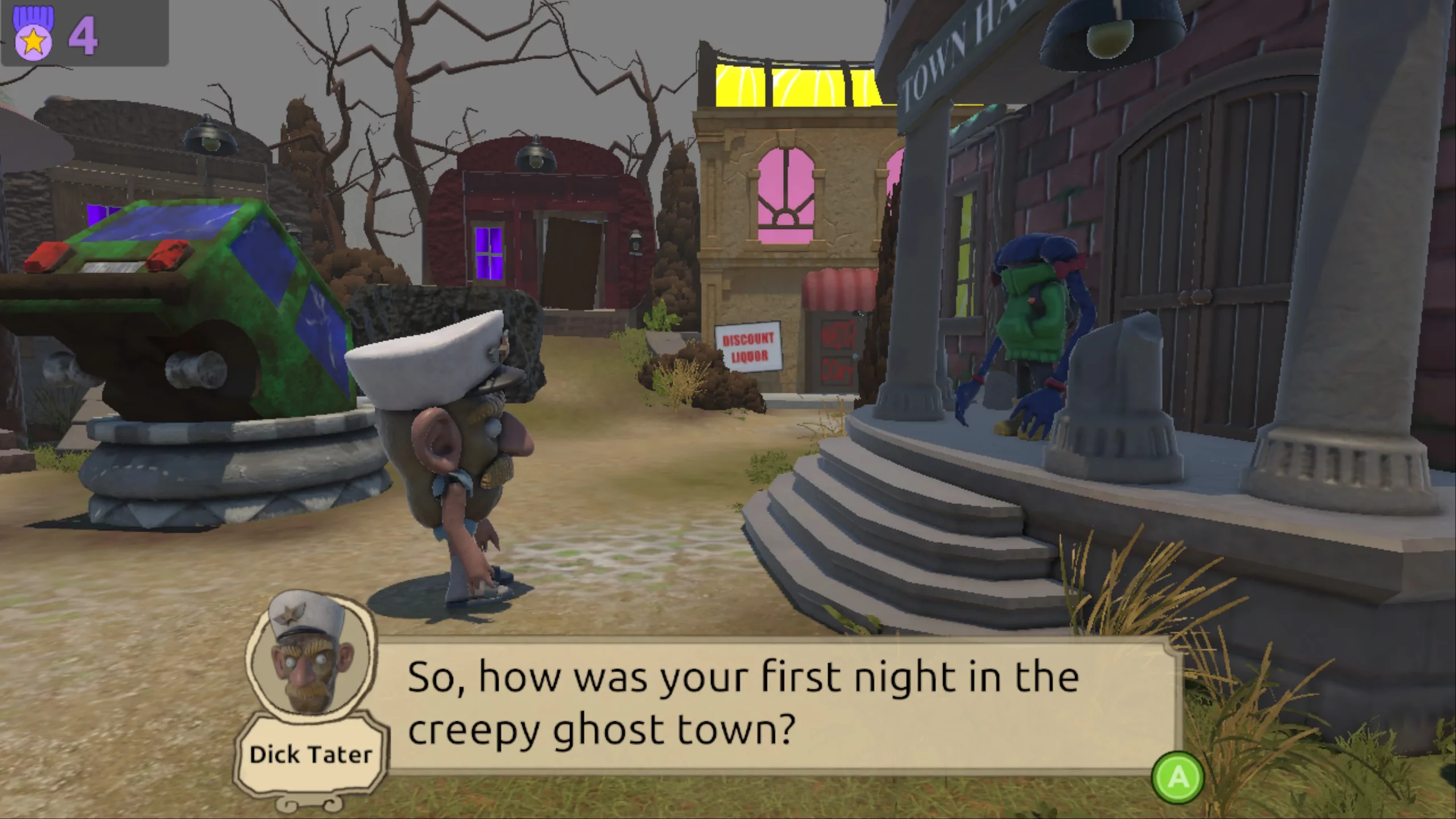 A person that looks like a big nose called Dick Tator is saying to a little girl: "So, how was your first night in the creepy ghost town?" 
