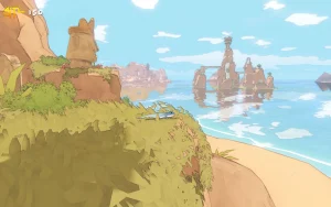A gecko on a cliff looking at the beach and ocean.