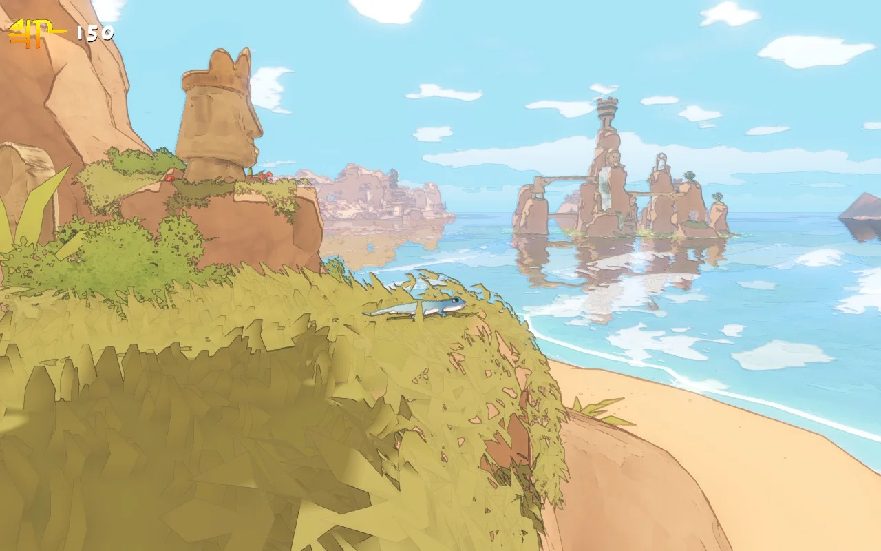 A gecko on a cliff looking at the beach and ocean.