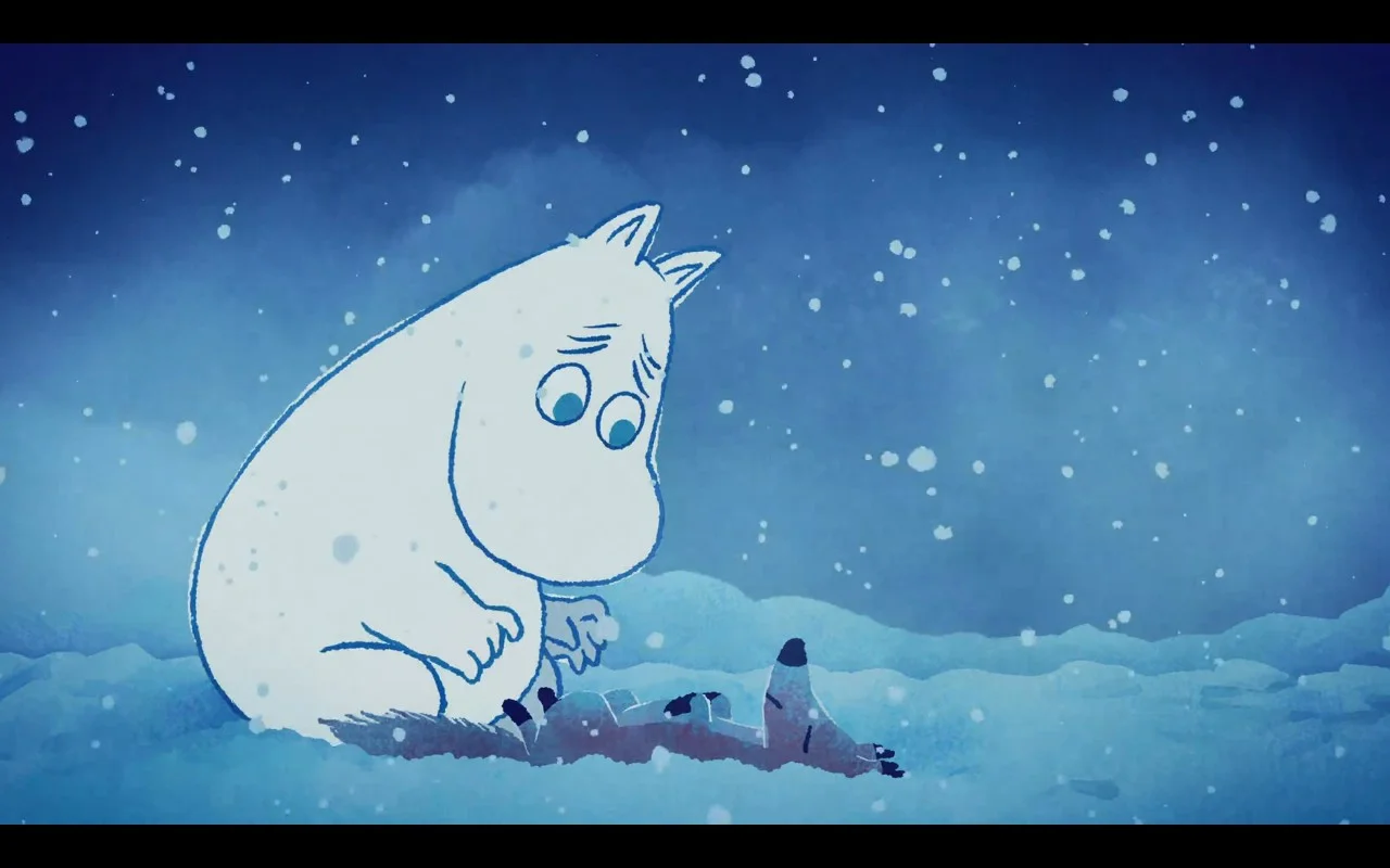 Moomintroll looking at a dead squirrel on the snow.