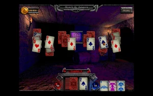 A solitaire playfield displaying current money, health, mana and jokers.