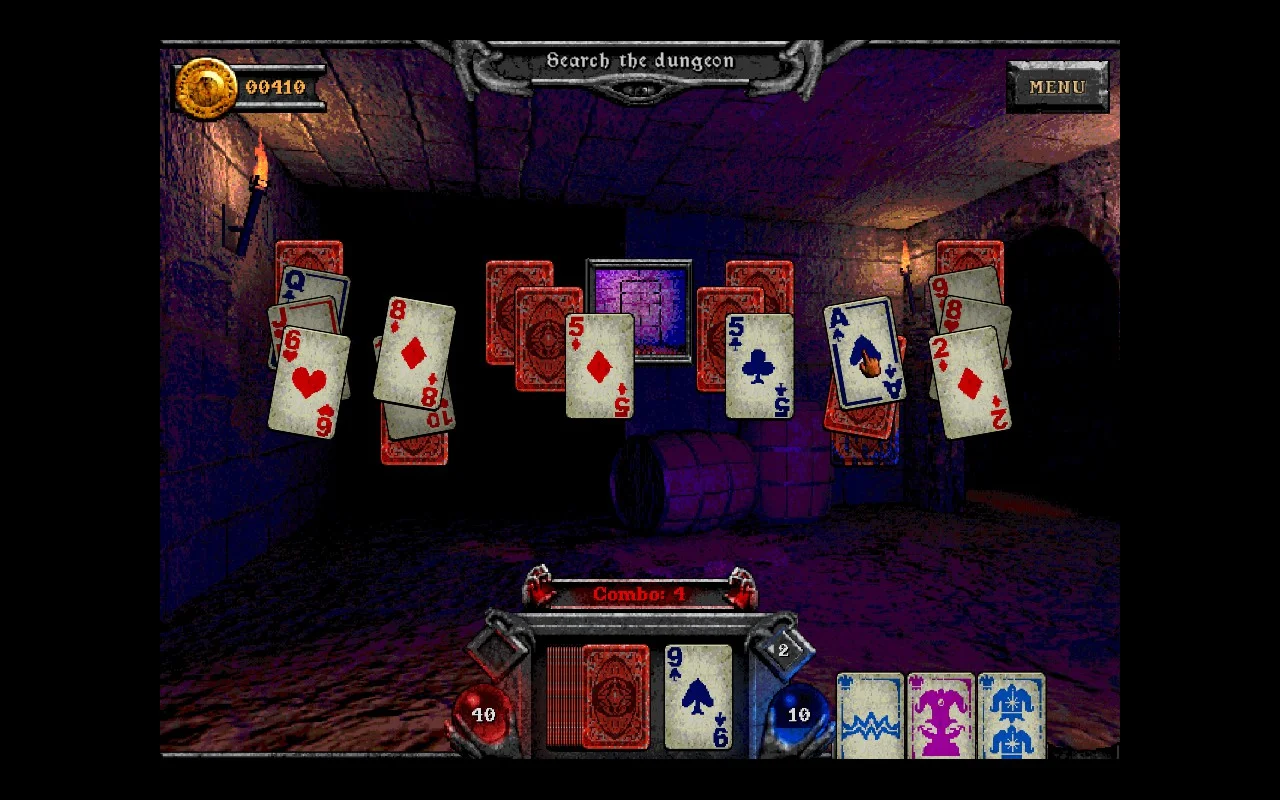 A solitaire playfield displaying current money, health, mana and jokers.