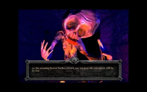 A close up of a deformed monster. Text says: "As the groaning horror lurches towards you, you pray this encounter will be its last."