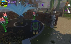 A girl is standing in a garden with a person in armor spraying water over them. 