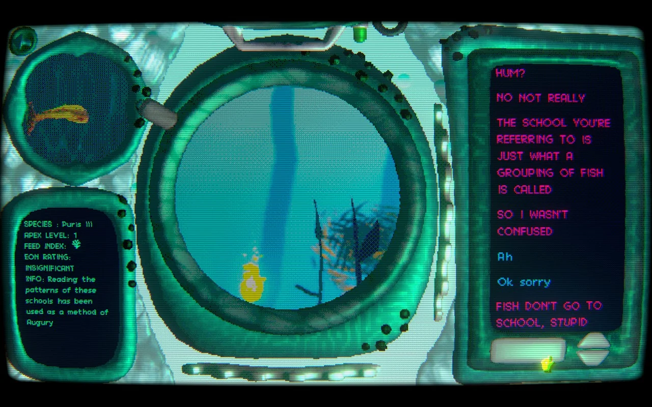 The underwater view through a scope. A fish and its data is shown on the left. A dialogue is shown in the right. 