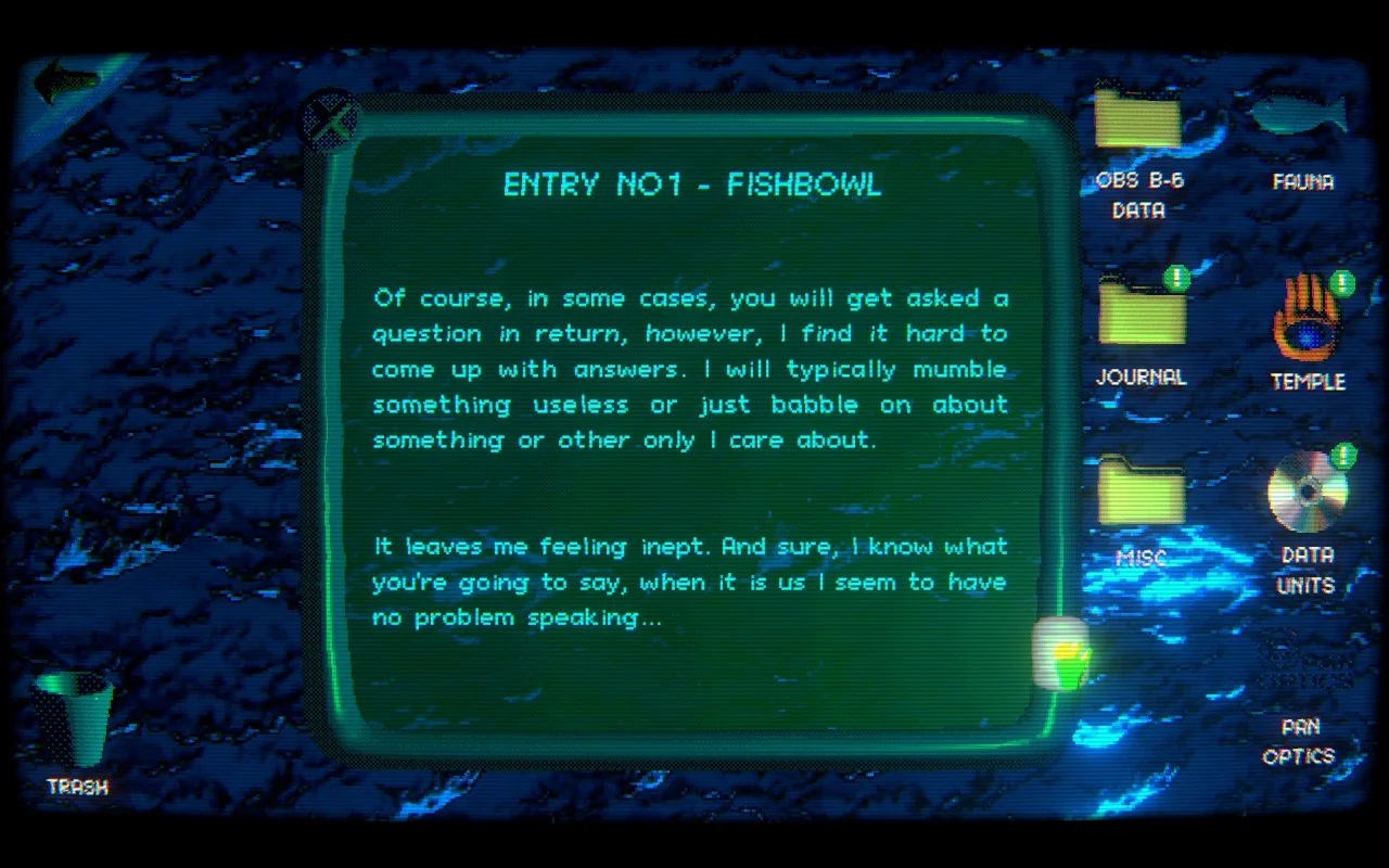 A journal entry that's opened on a PC interface, The entry describes feeling inept when talking to others.