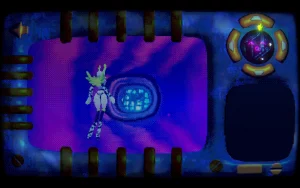 A humanoid machine is standing in a  passageway.
