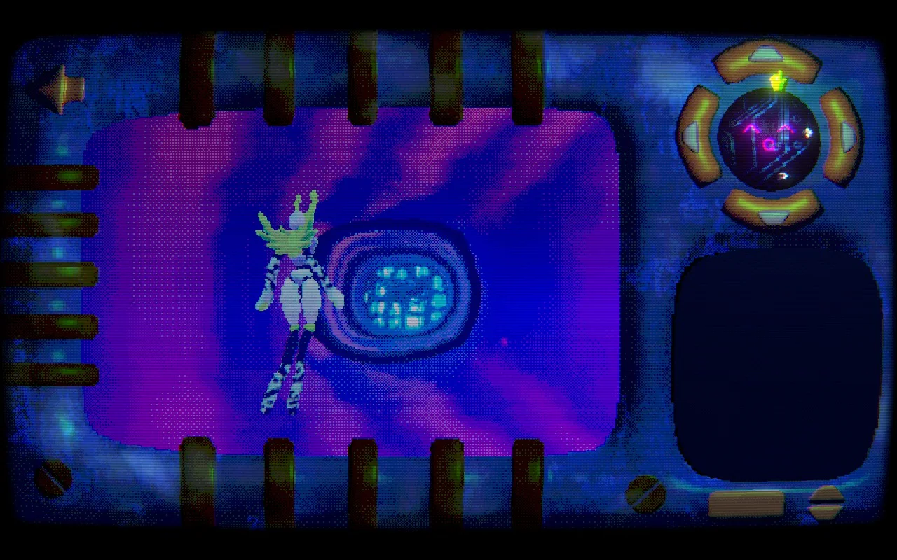 A humanoid machine is standing in a  passageway.