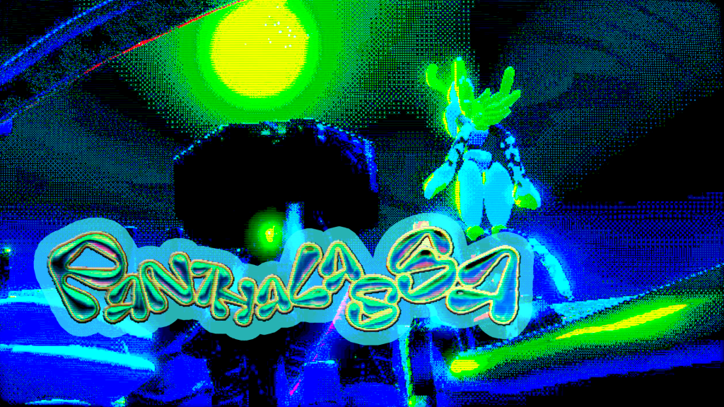 An underwater building and a humanoid machine. Panthalassa logo.