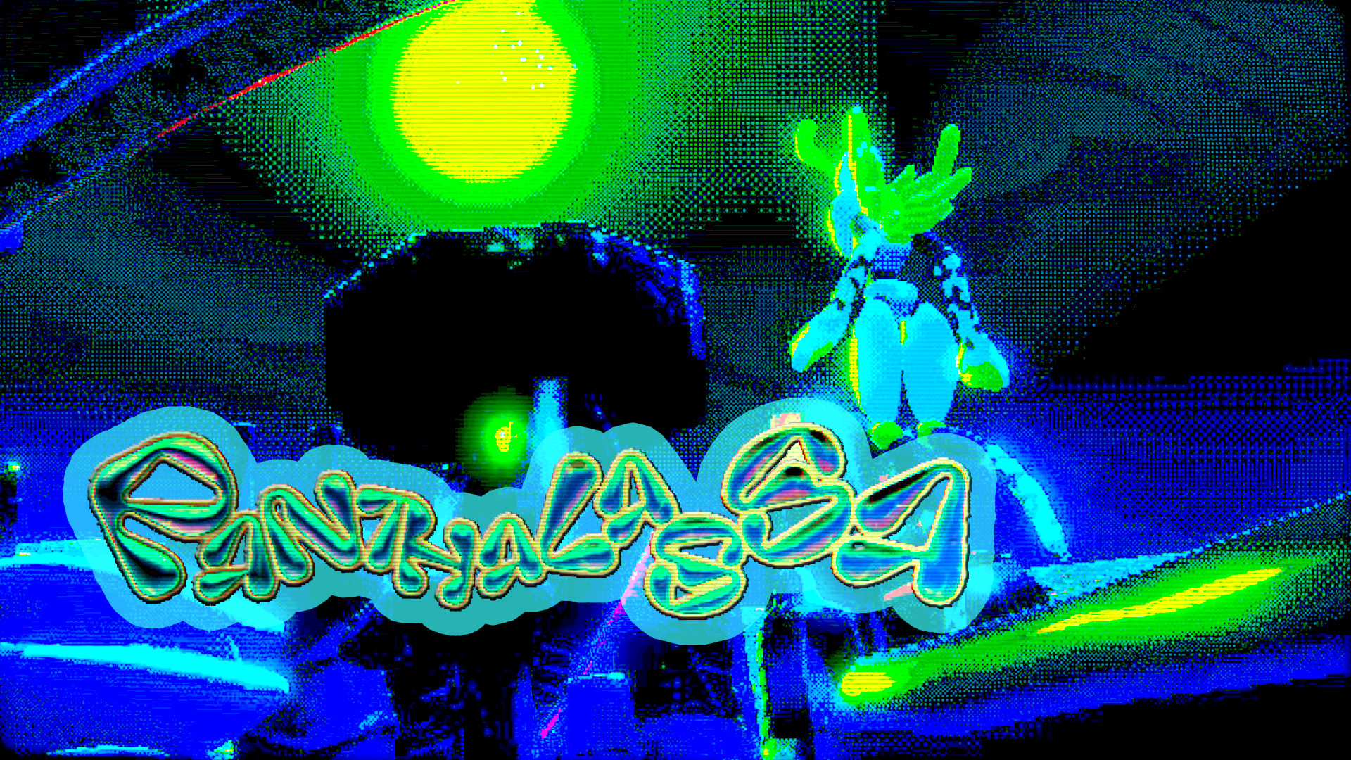 An underwater building and a humanoid machine. Panthalassa logo.