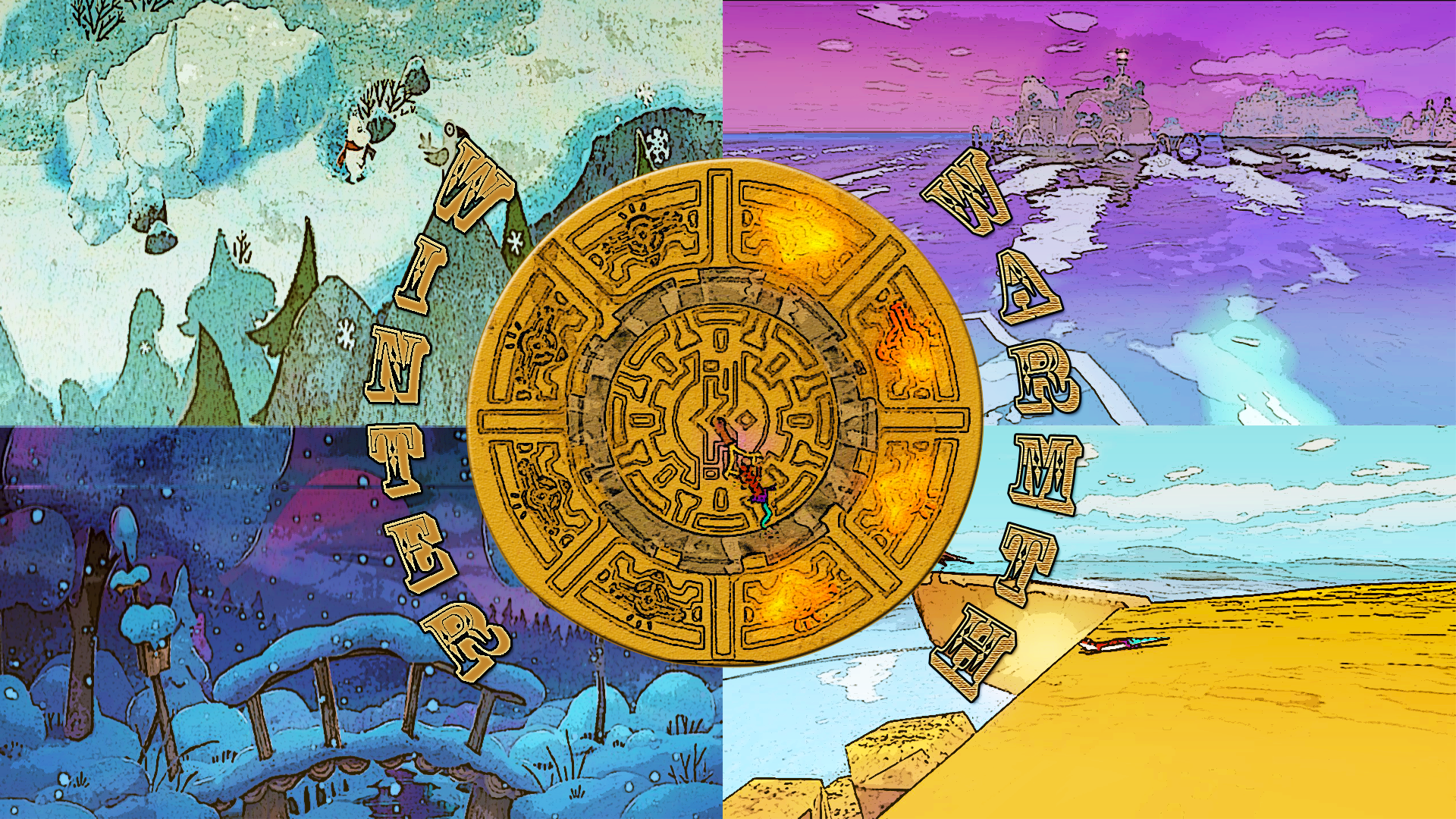 A wheel in the middle with different states of seasons around it. Text says: Winter Warmth