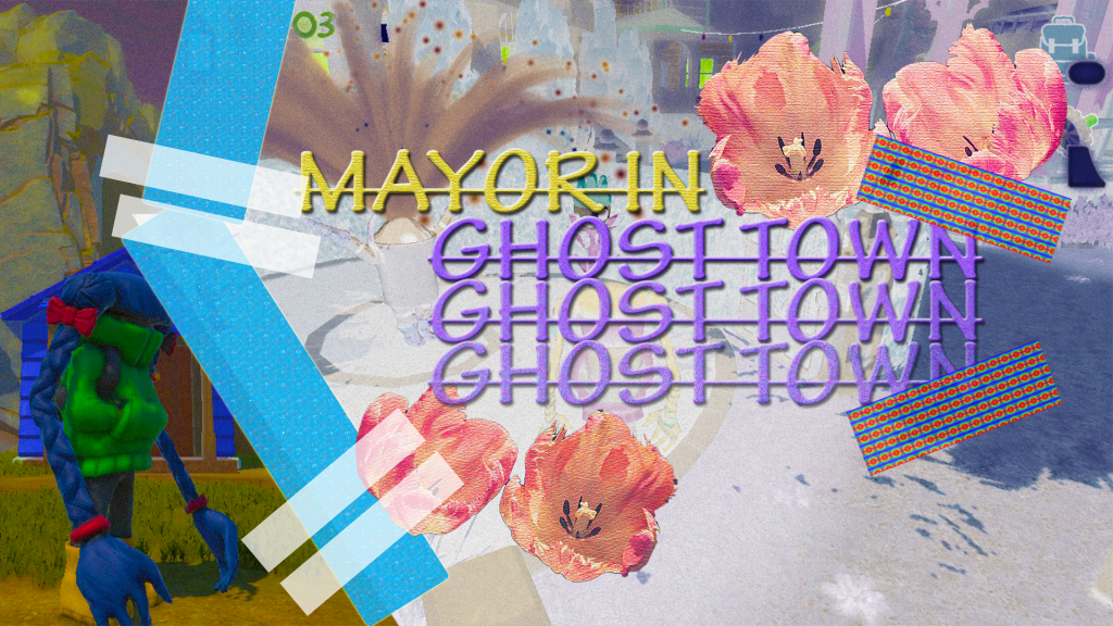 A collage of Mayor May Knott with tape sticking elements together