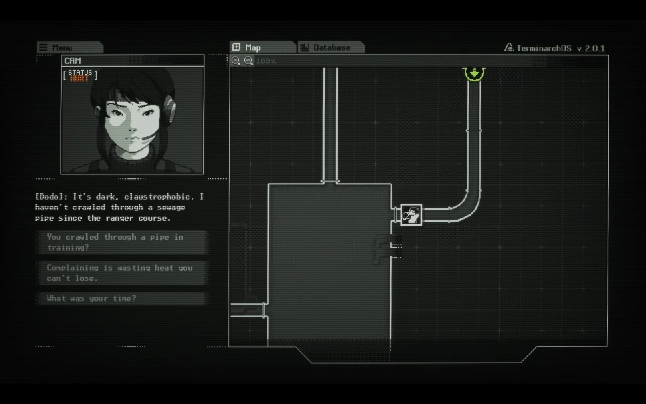 Dialogue options on the left side and a map on the right. 