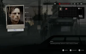 A pause screen showing a photo of the player character, equipment and inventory.