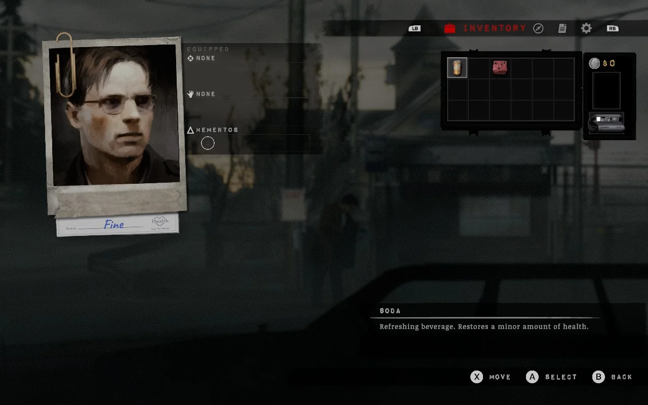 A pause screen showing a photo of the player character, equipment and inventory.