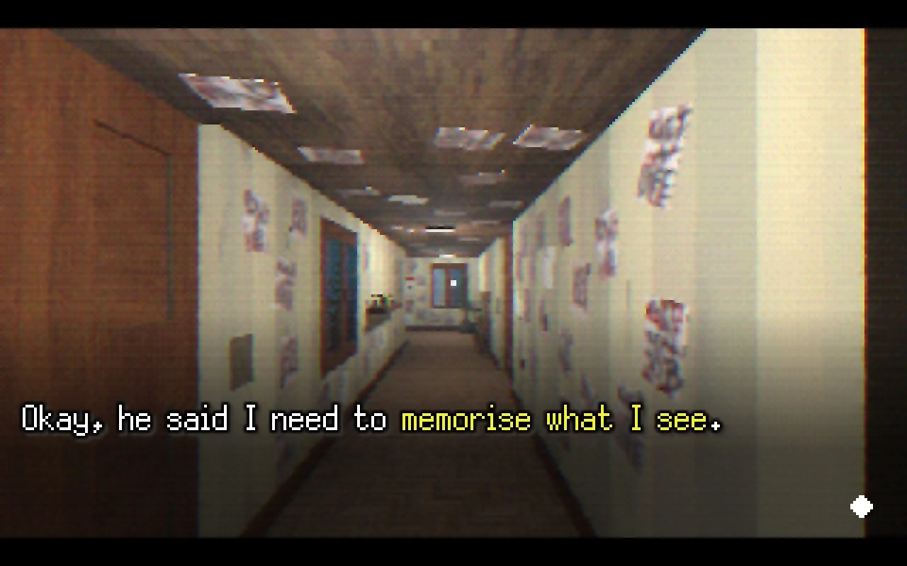 A view of the hallway. Text says: "Okay, he said I need to memorise what I see."