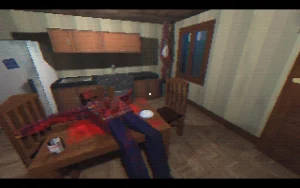 A dead man lying on the kitchen table.
