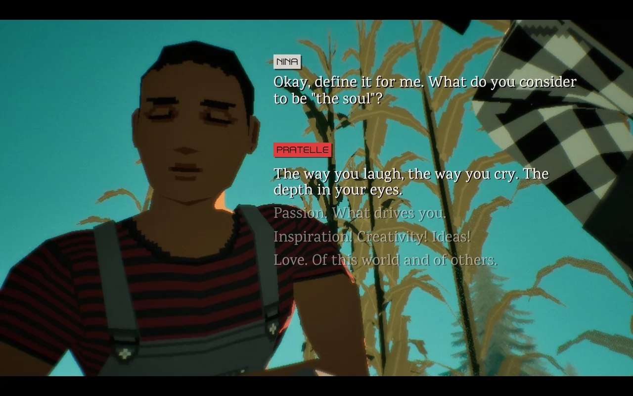 Dialogue between Nina and Pratelle about defining the soul. 4 dialogue options are available.