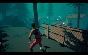 A person with a sledgehammer standing in the woods looking down at houses.