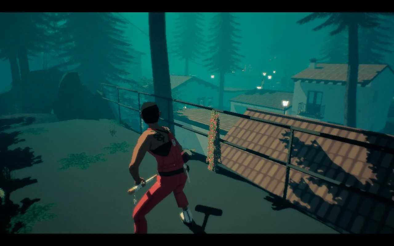 A person with a sledgehammer standing in the woods looking down at houses.