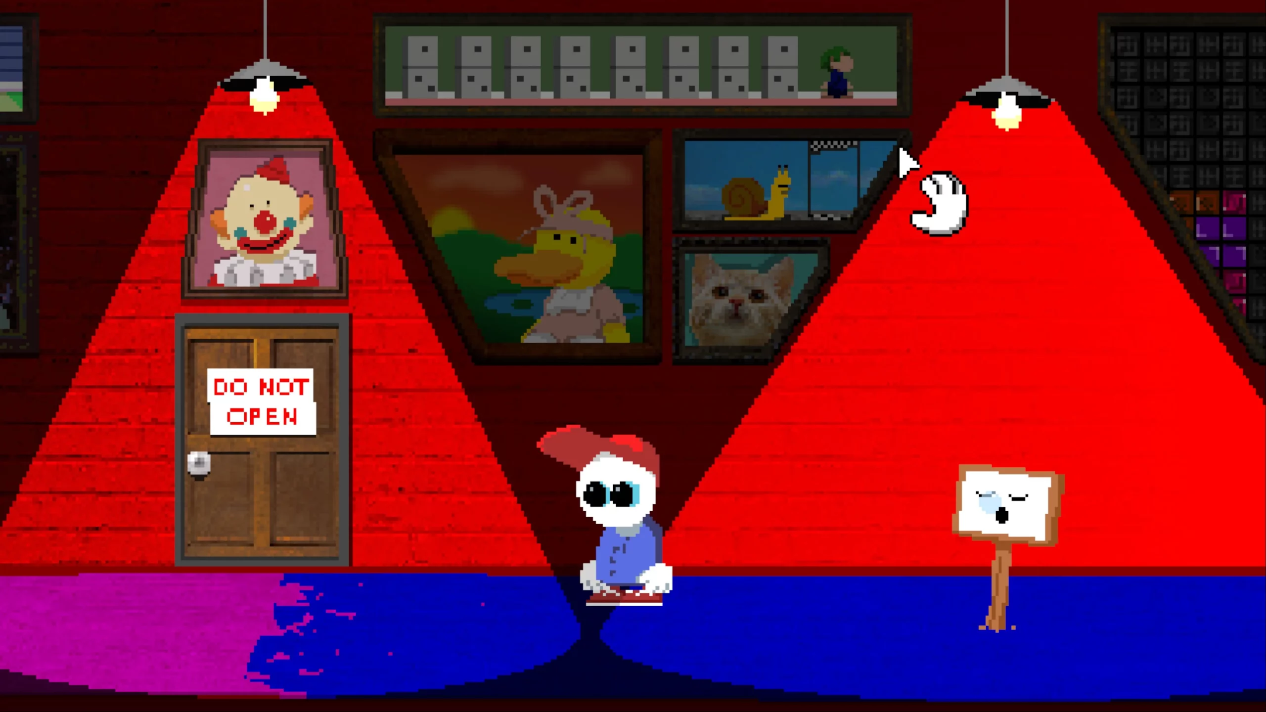 A hallway with colourful picture frames, walls and lights. 