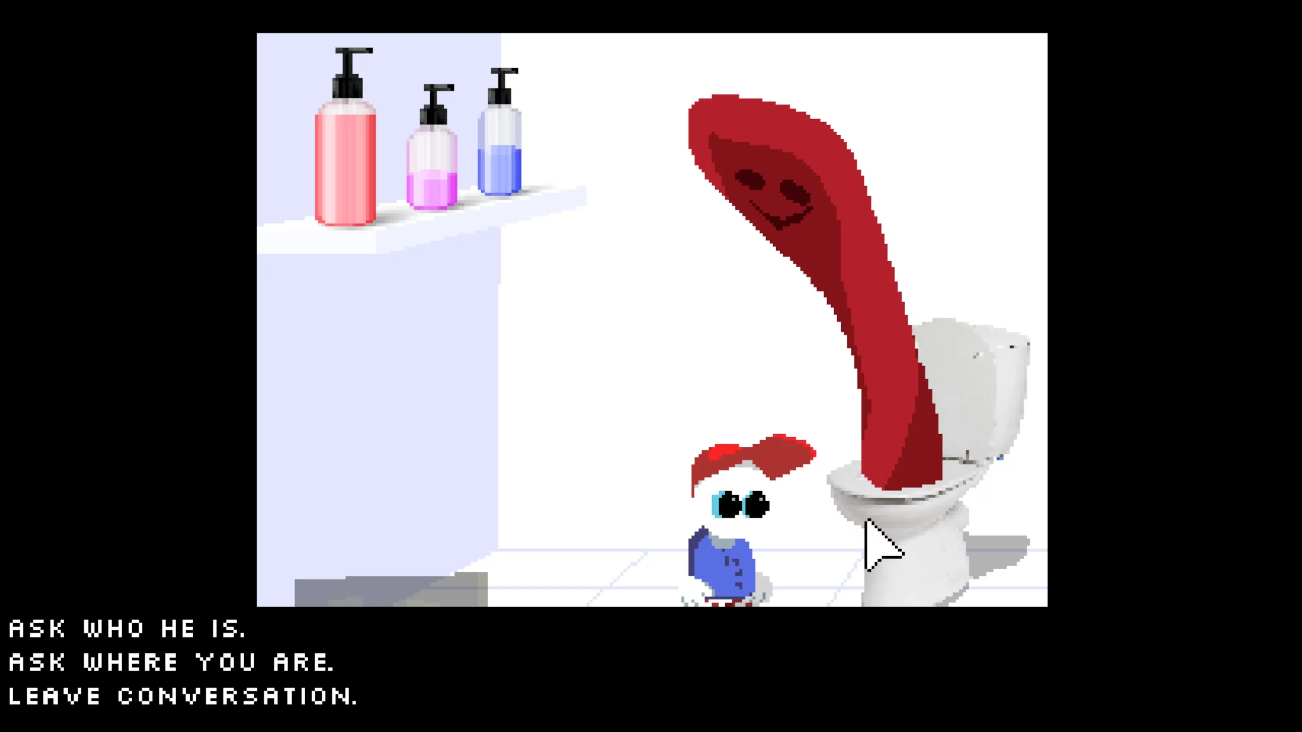 A small boy standing in the bathroom. A red ghost (?) is looking out of the toilet.