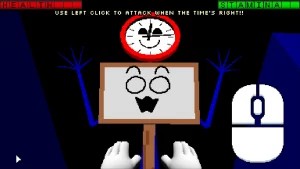 A fight in first person against a sign with a clock 