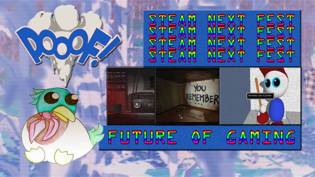 A collage for Steam Next Fest with elements of Silver Pines, 7 days to think about it and Endacopia.