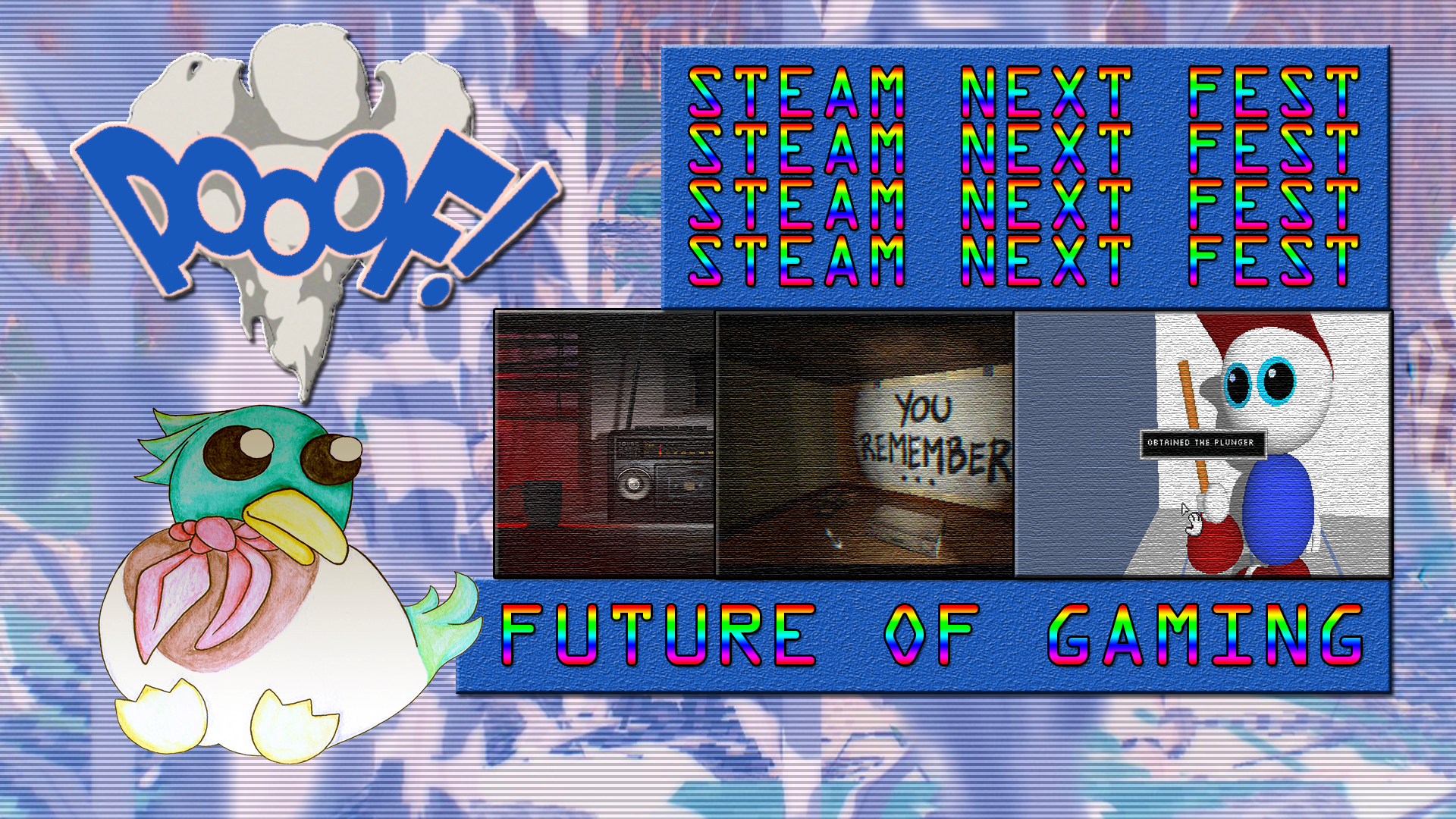 A collage for Steam Next Fest with elements of Silver Pines, 7 days to think about it and Endacopia.